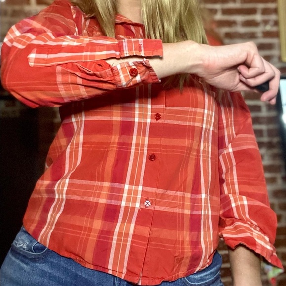 Y2K Overdrive Orange and Red Plaid Flannel Style Top - Picture 2 of 5